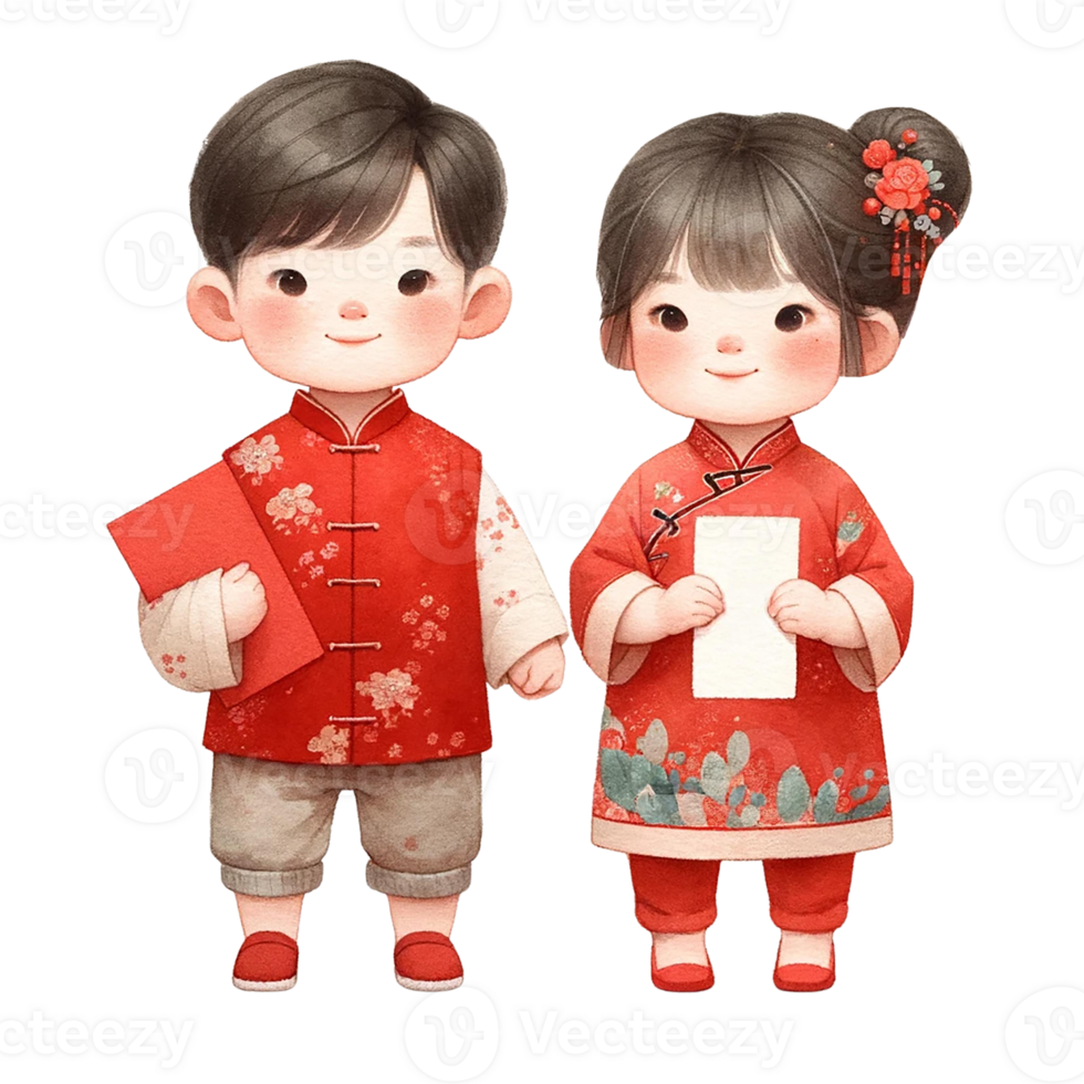 AI generated Cute asian boy and girl holding red envelopes for Chinese New Yearclipart watercolor .AI Generate png