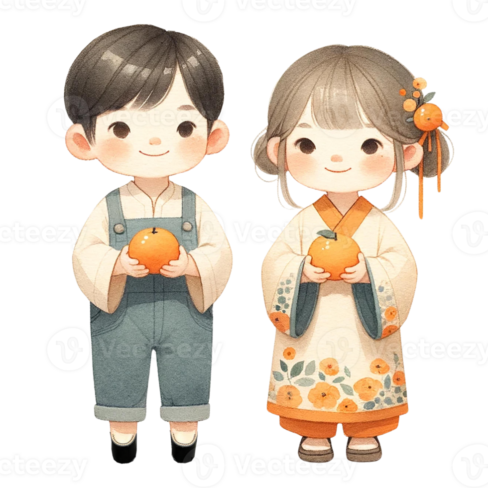 AI generated Cute Chinese girl and boy in traditional costume holding mandarins clipart watercolor .AI Generate png