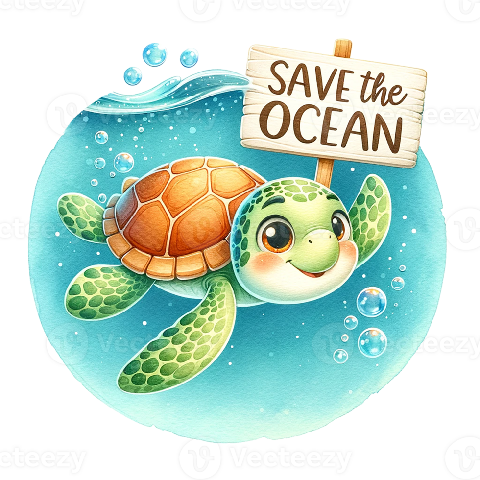 AI generated A turtle with  Save the Ocean banner  under water. watercolor illustration png