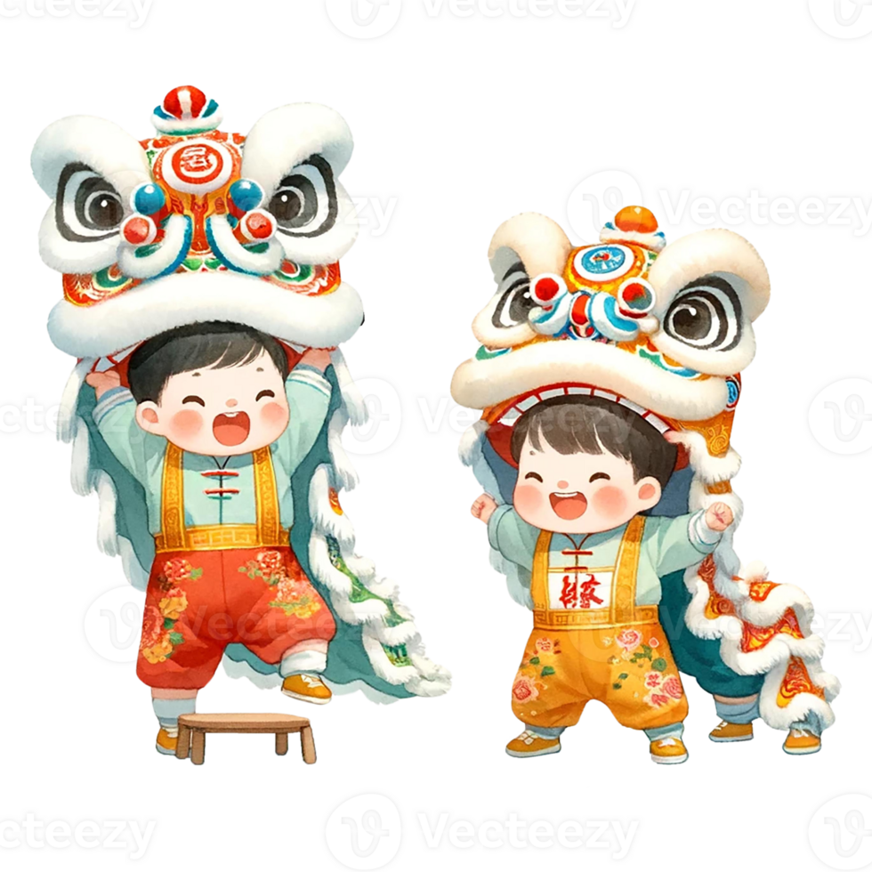 AI generated Watercolor clipart of Chinese Kids performing dragon dance. png