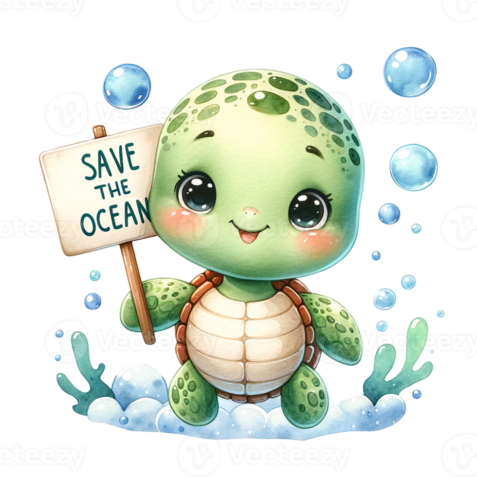 AI generated A turtle with  Save the Ocean banner  under water. watercolor illustration png