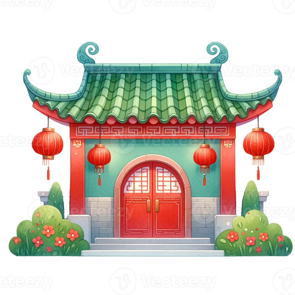 ai gegenereerd waterverf Chinese deur met rood lantaarns en bloemen .ai genereren png