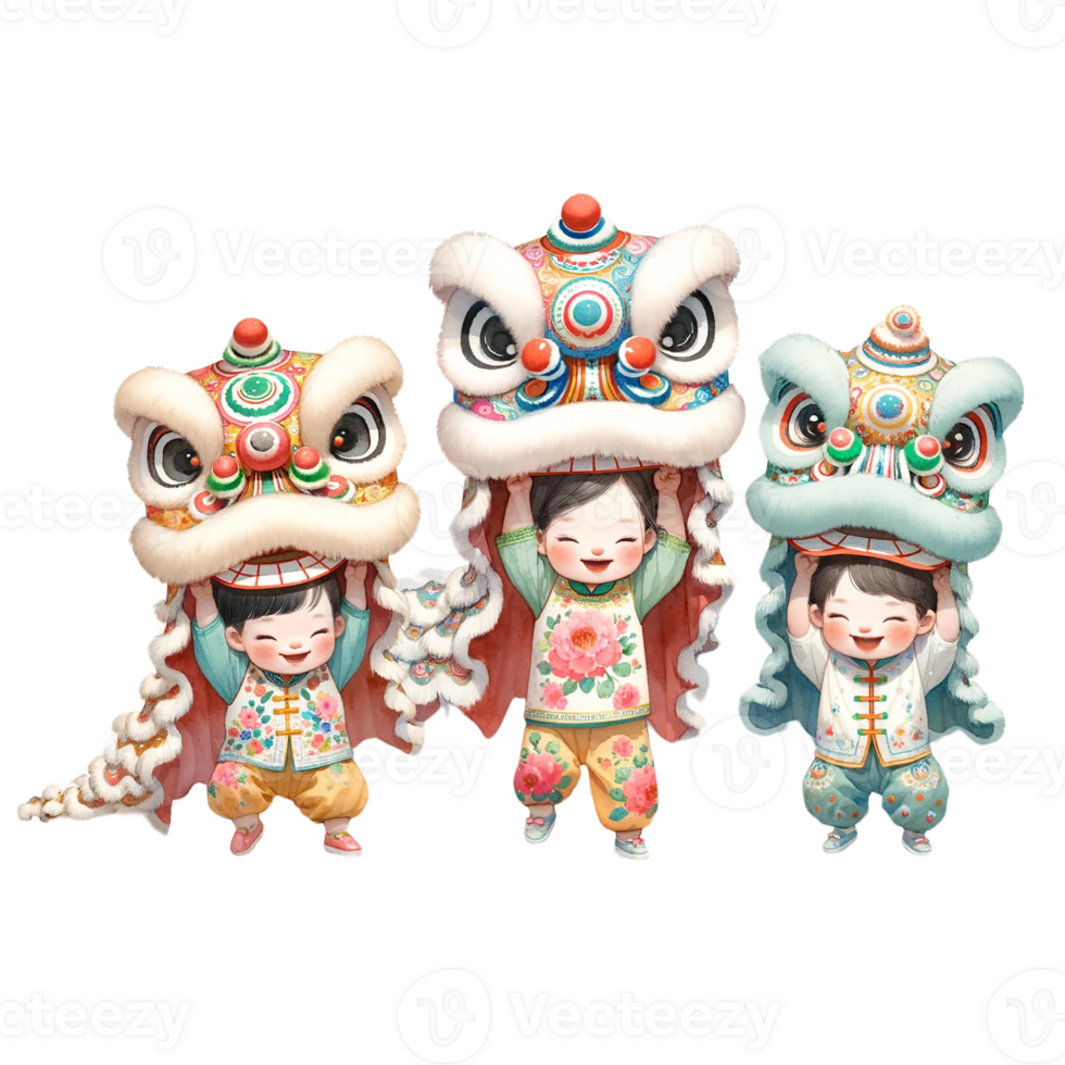 AI generated Watercolor clipart of Chinese Kids performing dragon dance. png
