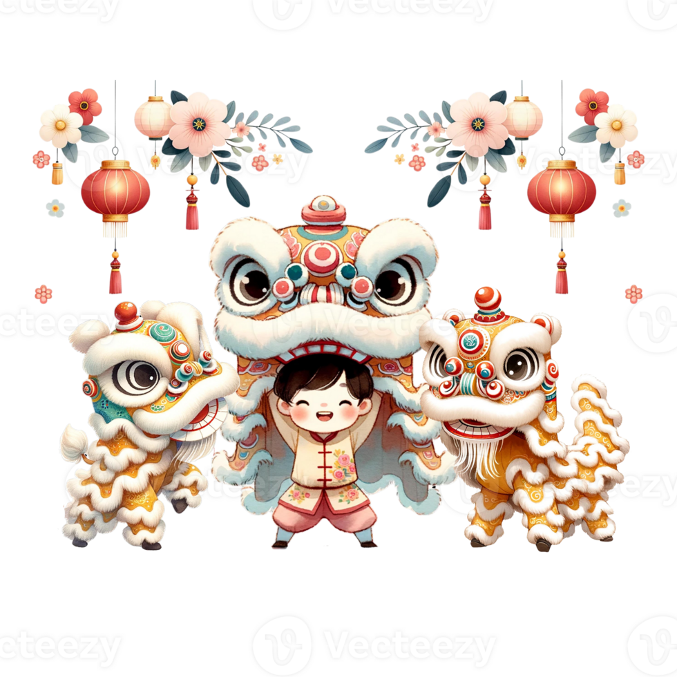 AI generated Watercolor clipart of Happy Chinese New Year of  Lion Dance Performace. png