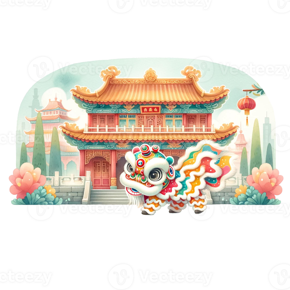 AI generated Watercolor clipart of lion dance on the background of the Chinese temple png