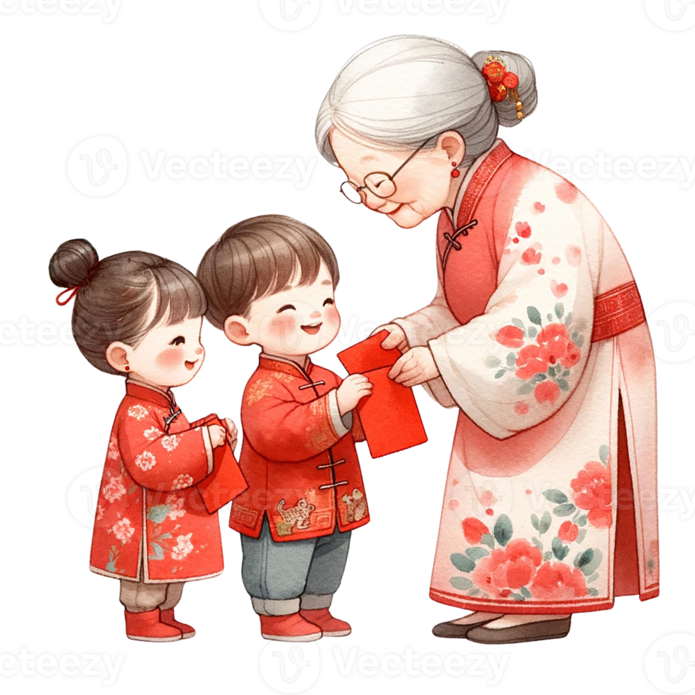 AI generated Chinese kids  receiving red packets from  grandmother   clipart watercolor .AI Generate png