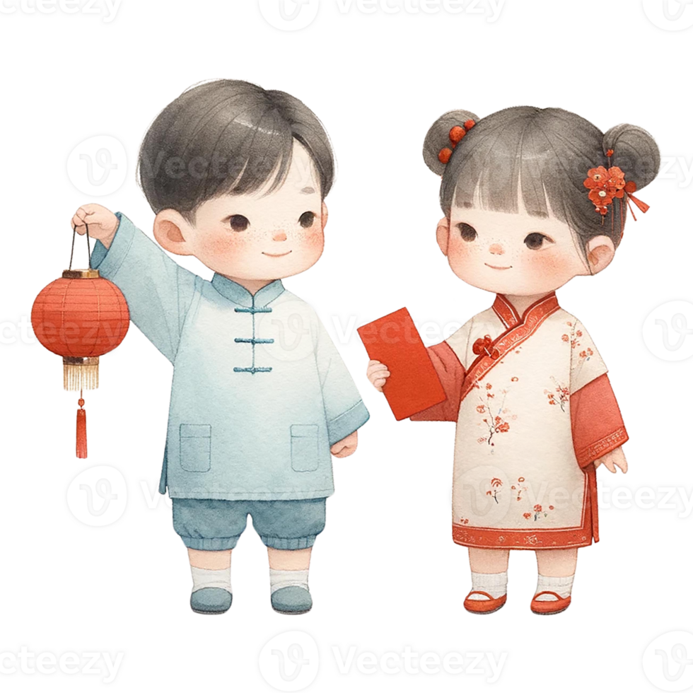 AI generated Chinese boy and girl in traditional clothes clipart watercolor .AI Generate png