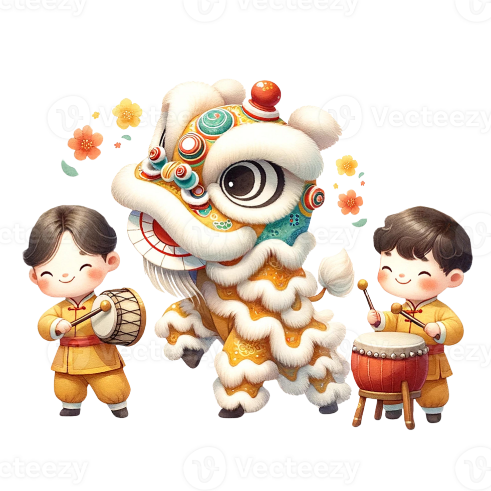 AI generated Watercolor clipart of Lion Dance Perform with Drummer boys. png