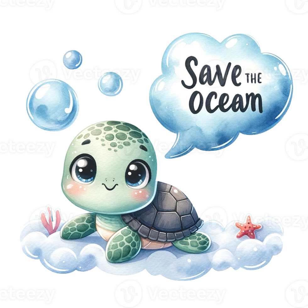 AI generated A turtle with a speech bubble  Save the Ocean under water watercolor illustration. Ai Generate. png