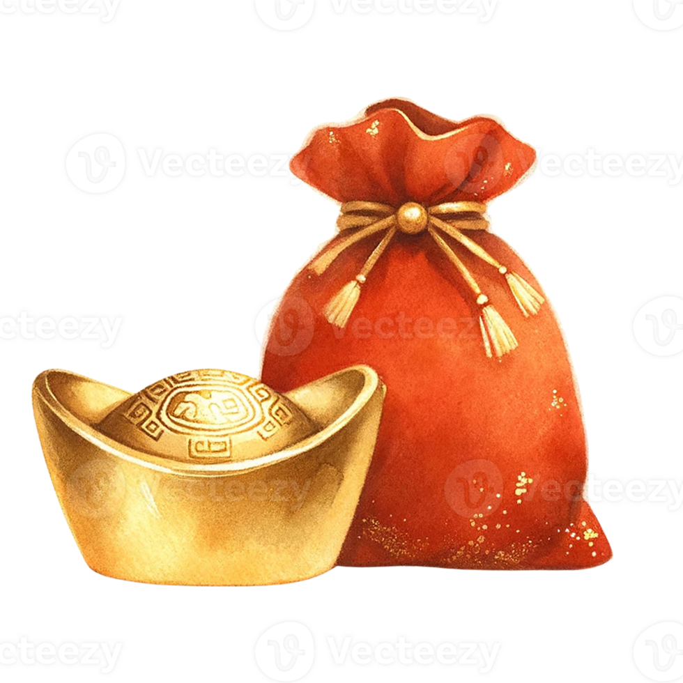 AI generated Chinese New Year red bag with gold money clipart watercolor .AI Generate png