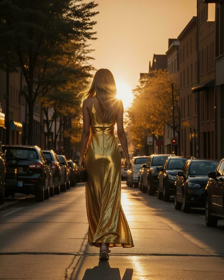 AI generated Beautiful young woman in a long yellow dress walking on the street at sunset. ai generative photo
