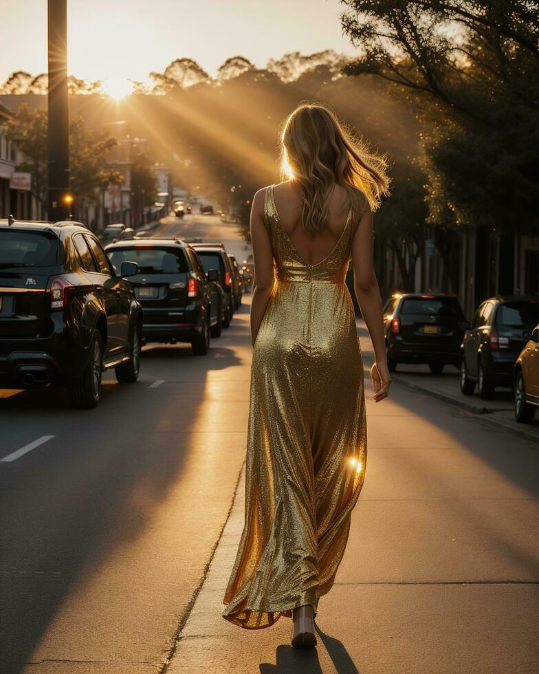 AI generated Beautiful young woman in a long yellow dress walking on the street at sunset. ai generative photo