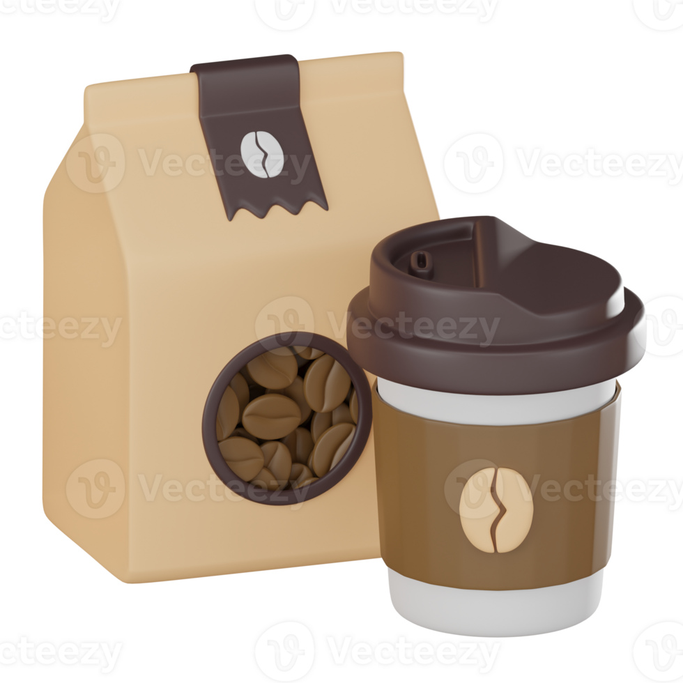Coffee Bag And Cup, Perfect for Coffee Shops and Packaging Designs. 3D Render png