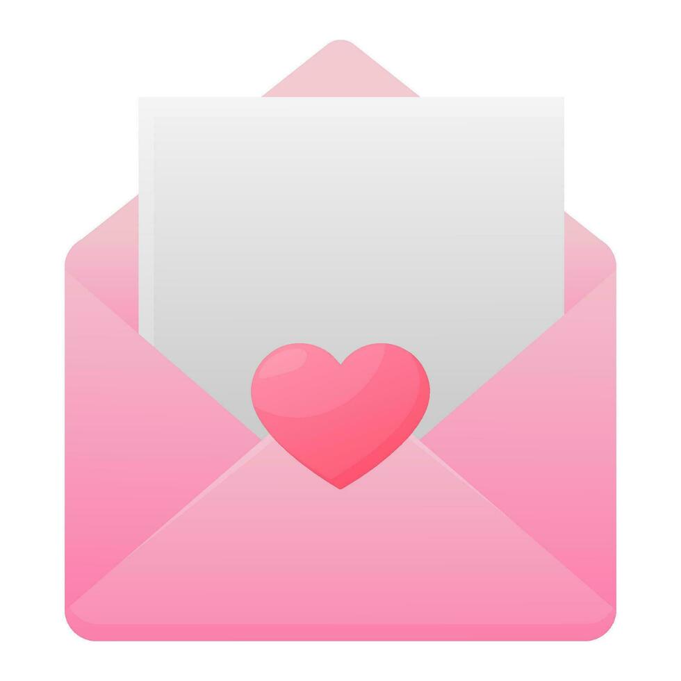 An empty letter in a pink envelope on a white background. A heart on the envelope. Romantic envelope template. Vector