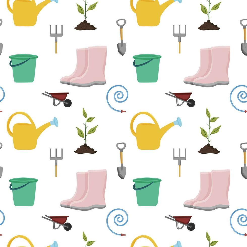 Seamless pattern of gardening items. Agricultural and garden tools for spring work. Vector. vector
