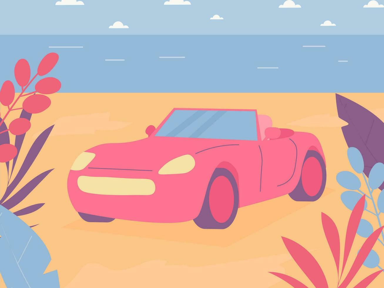 Pink convertible on the ocean, with a palm tree. The concept of rest, vacation, car travel, relaxation . Vector illustration.