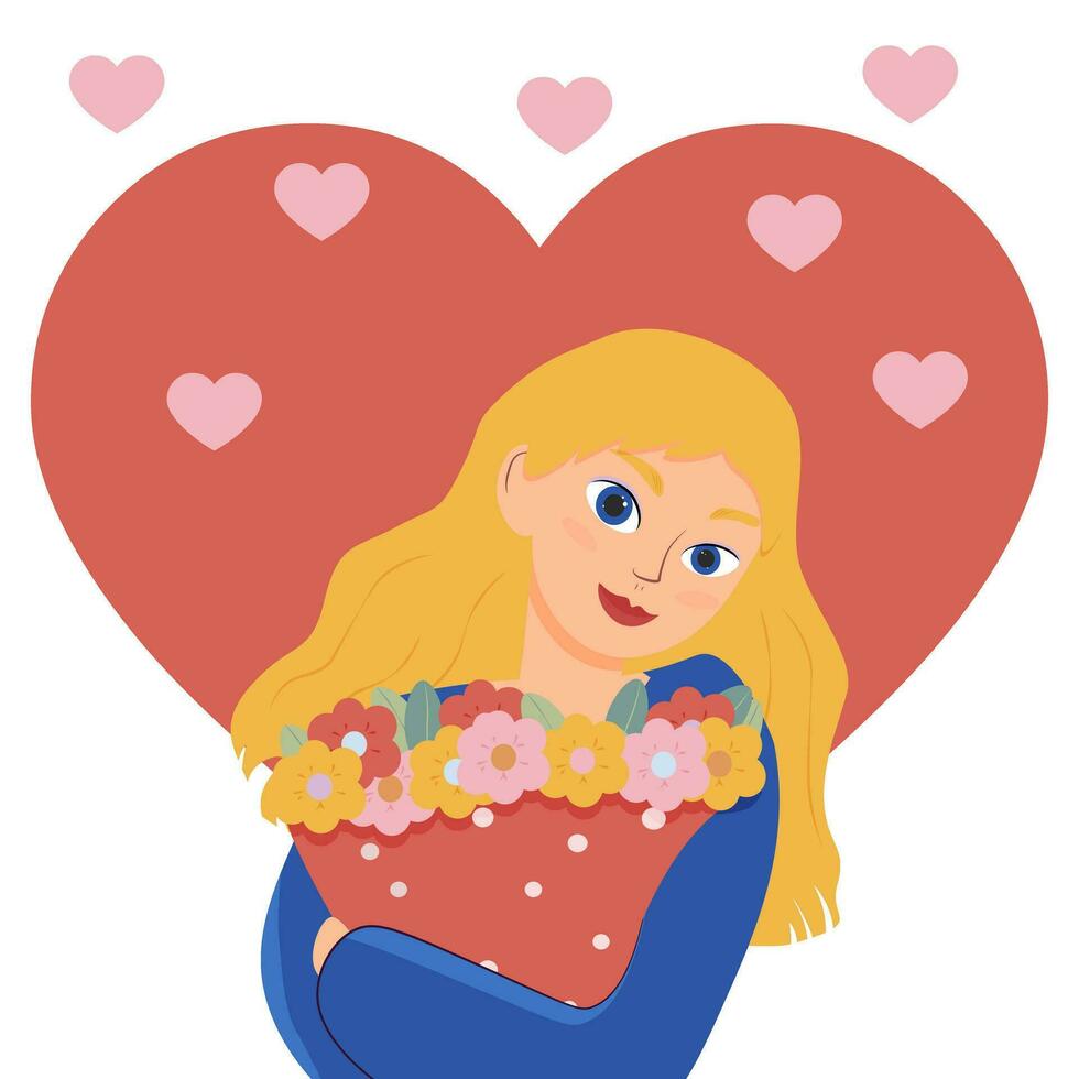 Cute girl with long hair holds a bouquet of flowers. Illustration for the International Women's Day. Vector greeting card for Valentine's Day. women's Day, Mother's Day.