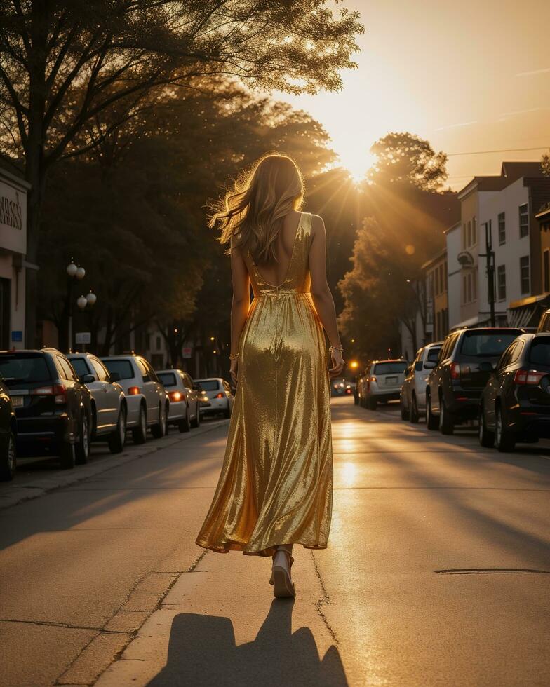 AI generated Beautiful young woman in a long yellow dress walking on the street at sunset. ai generative photo