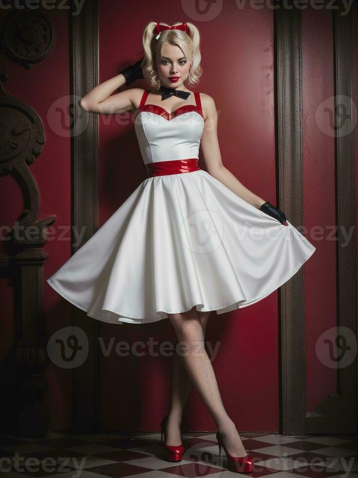 AI generated Beautiful young woman in pinup style dress and red high heels. ai generative photo