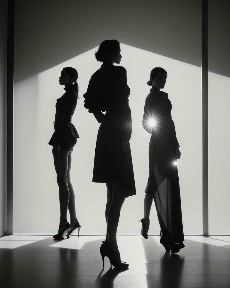 AI generated Silhouette of three women in black and white dresses, studio shot. ai generative photo