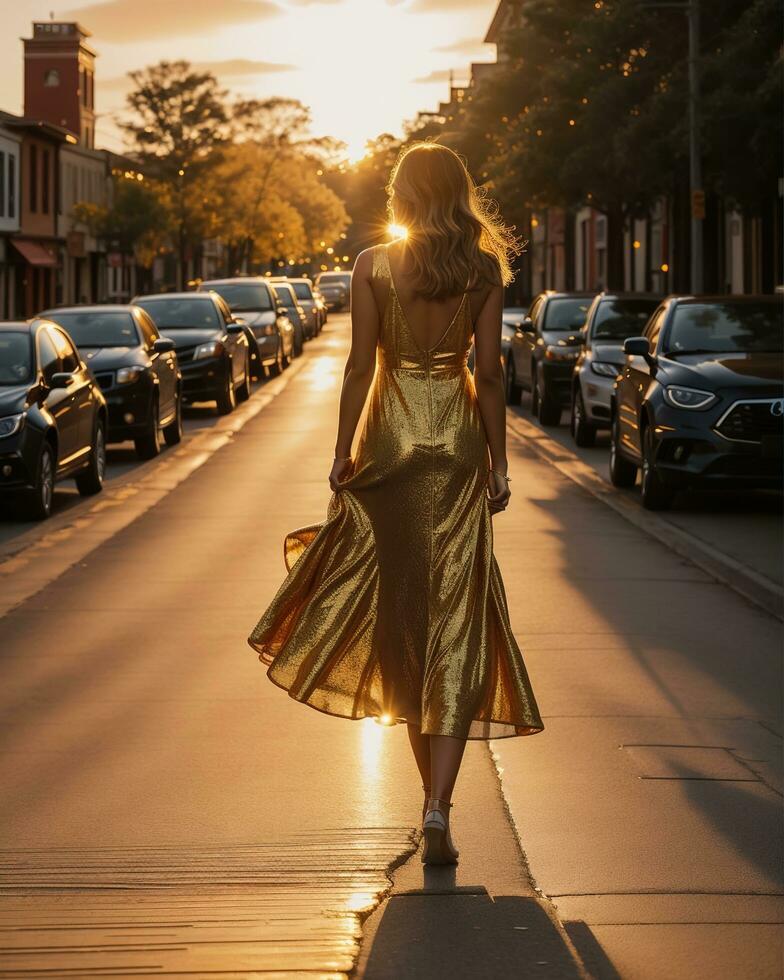 AI generated Beautiful young woman in a long yellow dress walking on the street at sunset. ai generative photo