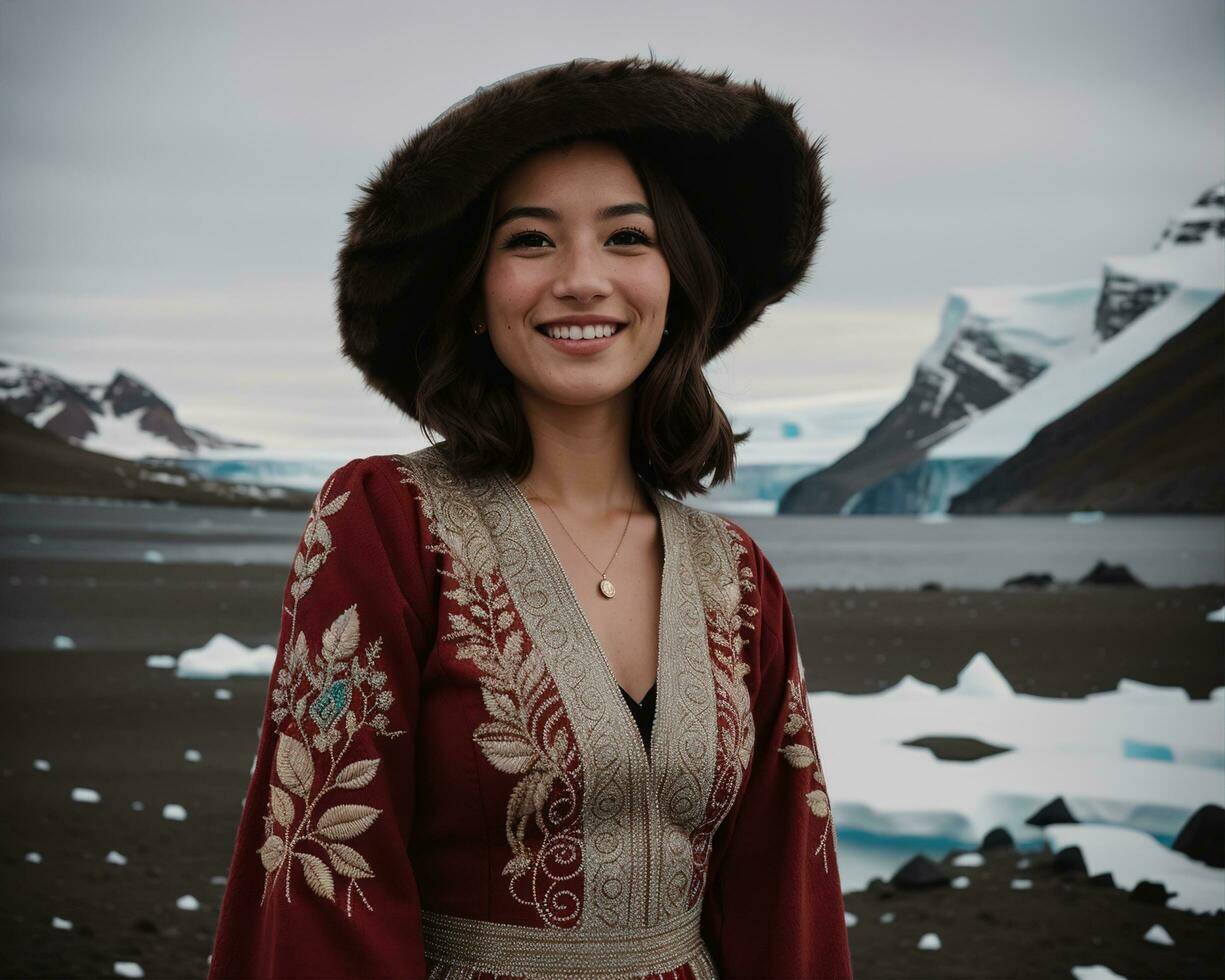 AI generated Portrait of a young woman smiling at camera in front of icebergs. ai generative photo