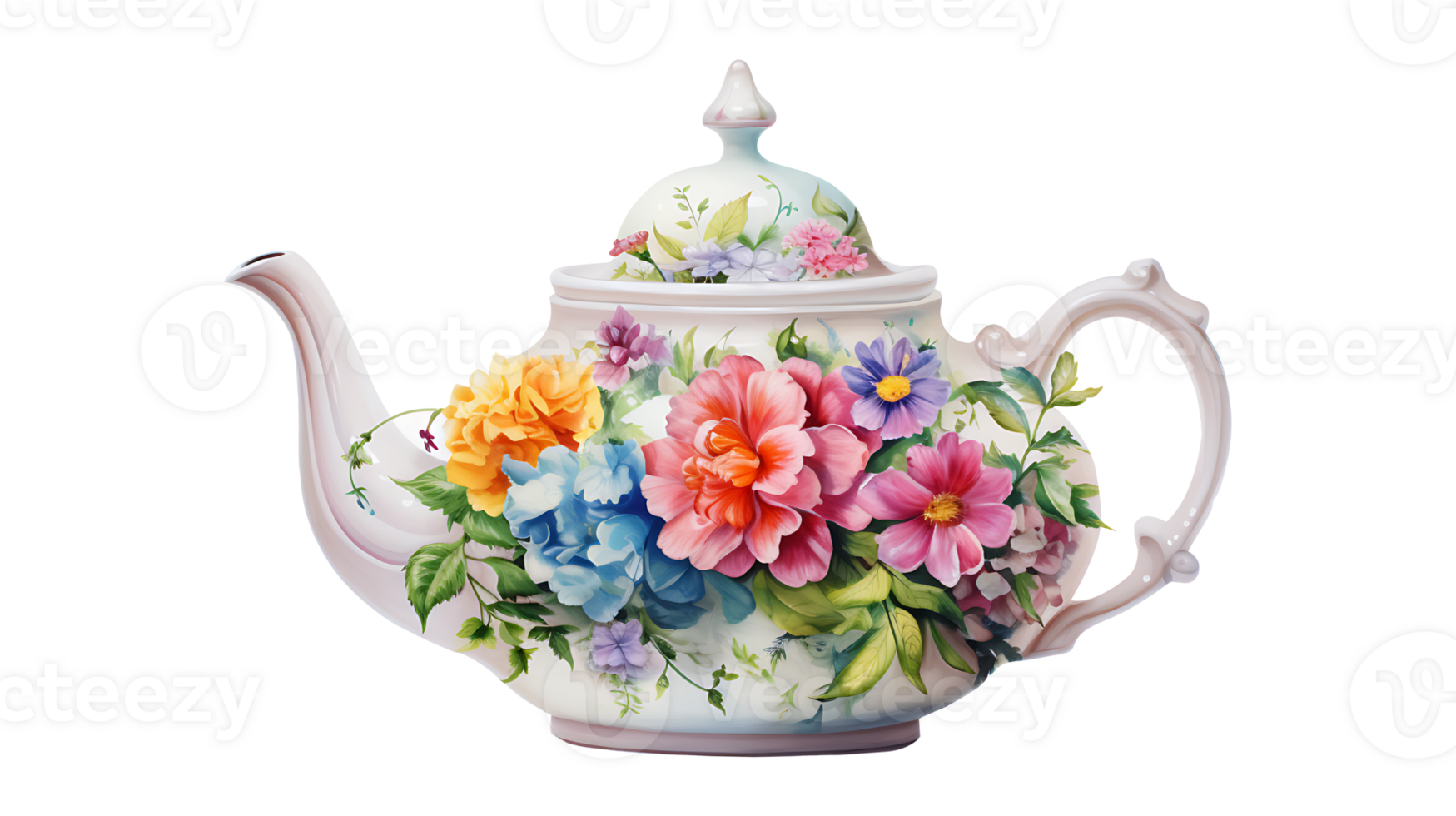 AI generated Watercolor floral teapot on transparent background png