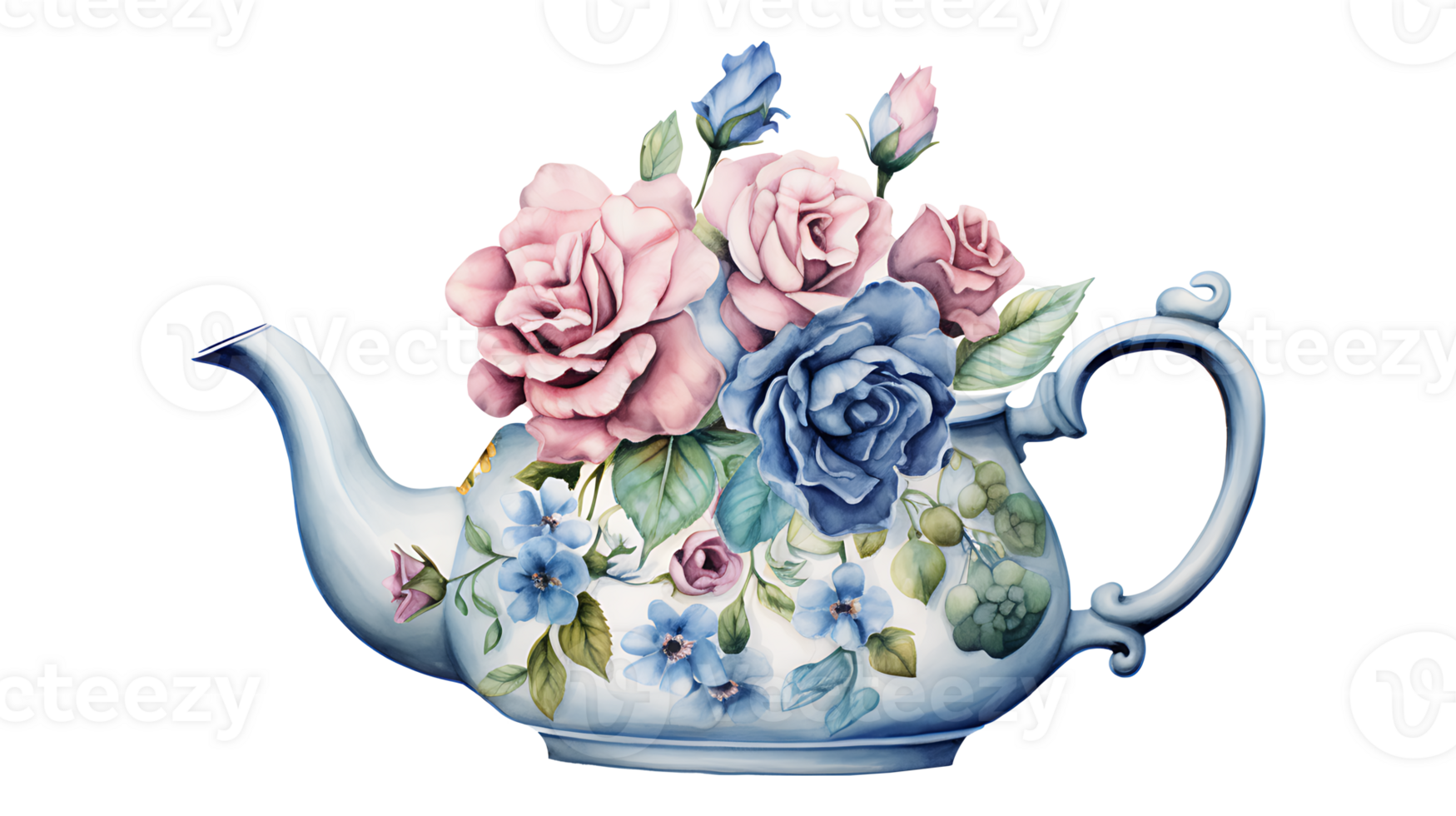 AI generated Watercolor floral teapot on transparent background png