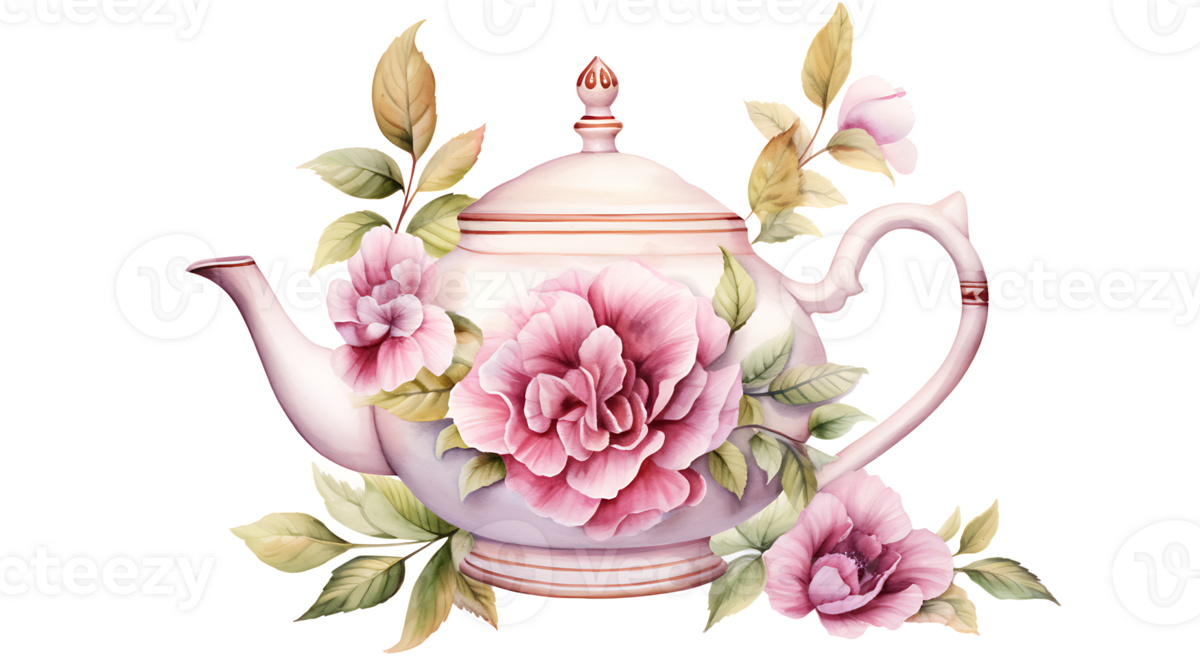 AI generated Watercolor floral teapot on transparent background png