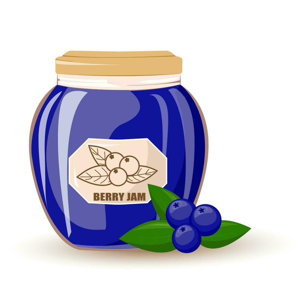 Blueberry jam in glass jar and fresh blueberries.Natural product. Healthy eating and diet. Design of greeting cards, posters, patches, prints on clothes, emblems.Vector cartoon illustration vector