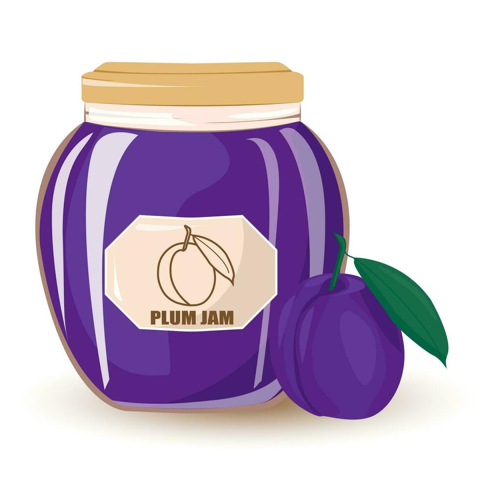 Plum jam in glass jar and fresh plum.Natural product. Healthy eating and diet. Design of greeting cards, posters, patches, prints on clothes, emblems.Vector cartoon illustration vector