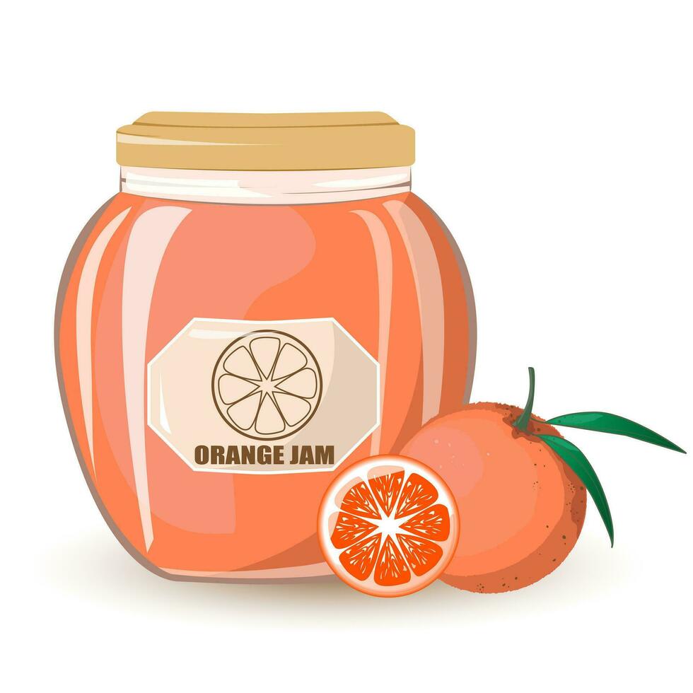 naranja mermelada en vaso tarro y Fresco naranja.natural producto. sano comiendo y dieta. diseño de saludo tarjetas, carteles, parches, huellas dactilares en ropa, emblemas.vector dibujos animados ilustración vector