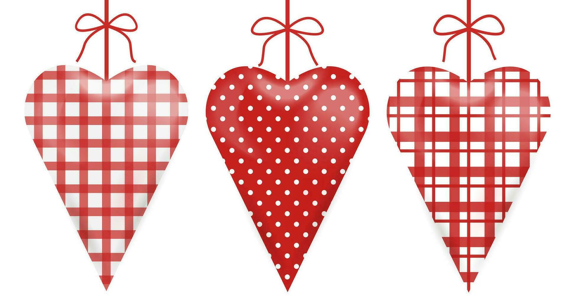 Set fabric hearts with bow. Hearts made of textiles. Hearts in a cell and a dot. For web design, fabric, textiles, gift paper, wrappers, packaging, etc vector