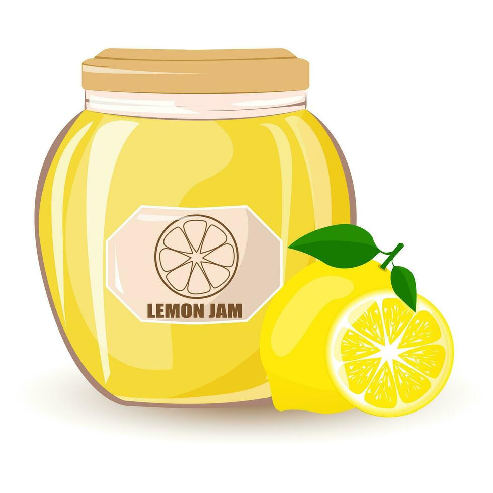 Lemon jam in glass jar and fresh lemon.Natural product. Healthy eating and diet. Design of greeting cards, posters, patches, prints on clothes, emblems.Vector cartoon illustration vector