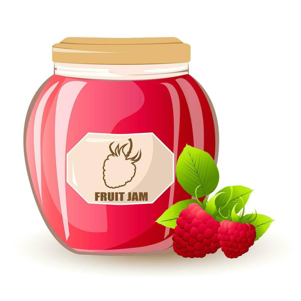 Raspberry jam in glass jar and fresh raspberries.Natural product. Healthy eating and diet. Design of greeting cards, posters, patches, prints on clothes, emblems.Vector cartoon illustration vector