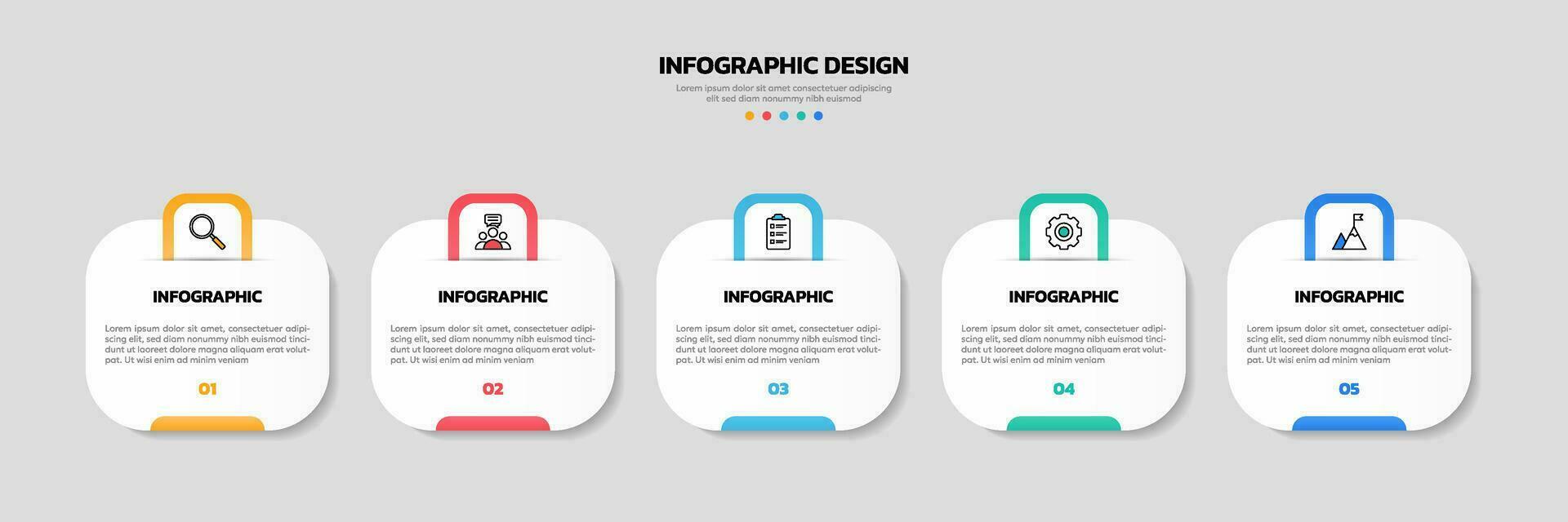 Modern business infographic template, square shape with 5 options or steps icons. vector