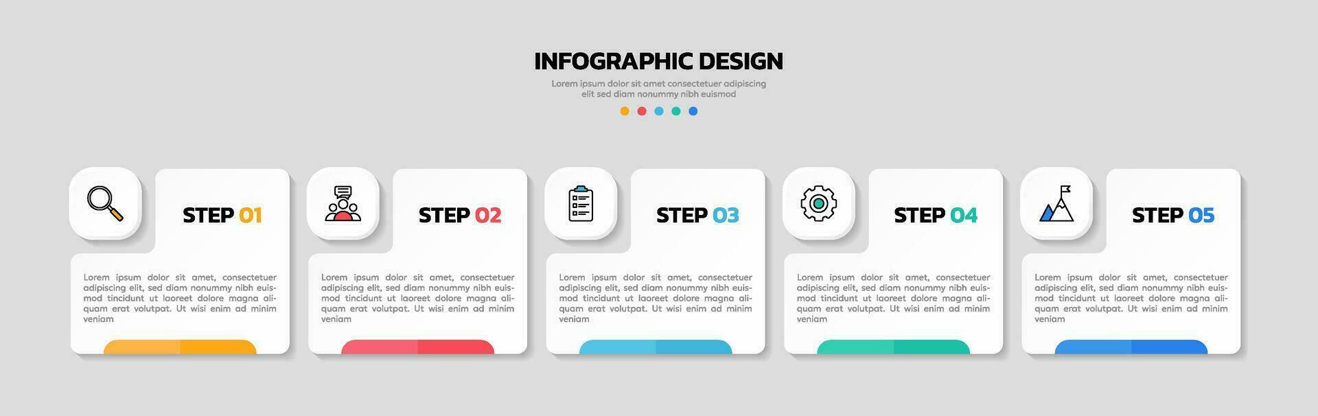 Modern business infographic template, square shape with 5 options or steps icons. vector