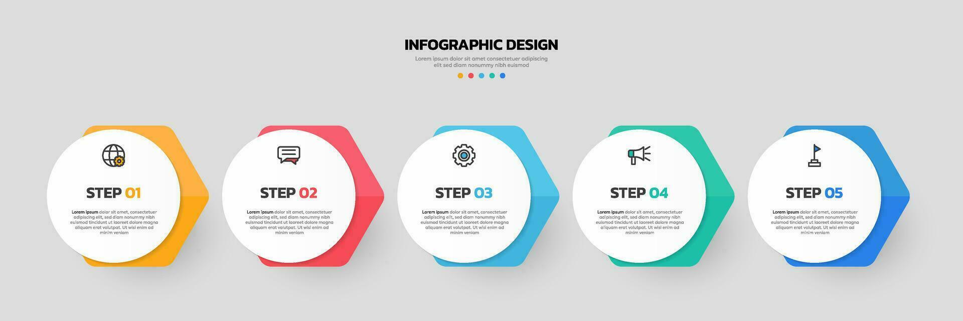 Modern business infographic template, hexagon shape with 5 options or steps icons. vector