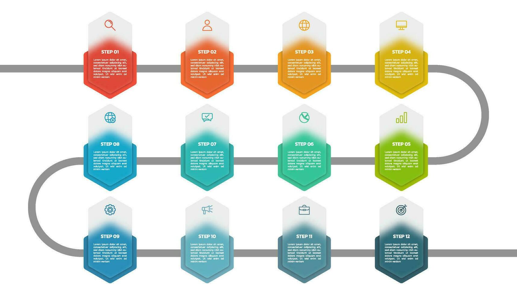 Modern business infographic template, hexagon shape with 12 options or steps icons. vector