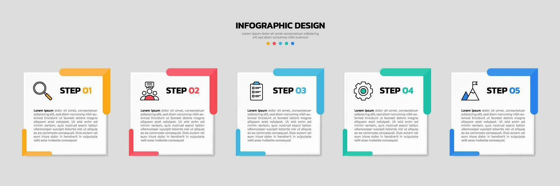 Modern business infographic template, square shape with 5 options or steps icons. vector