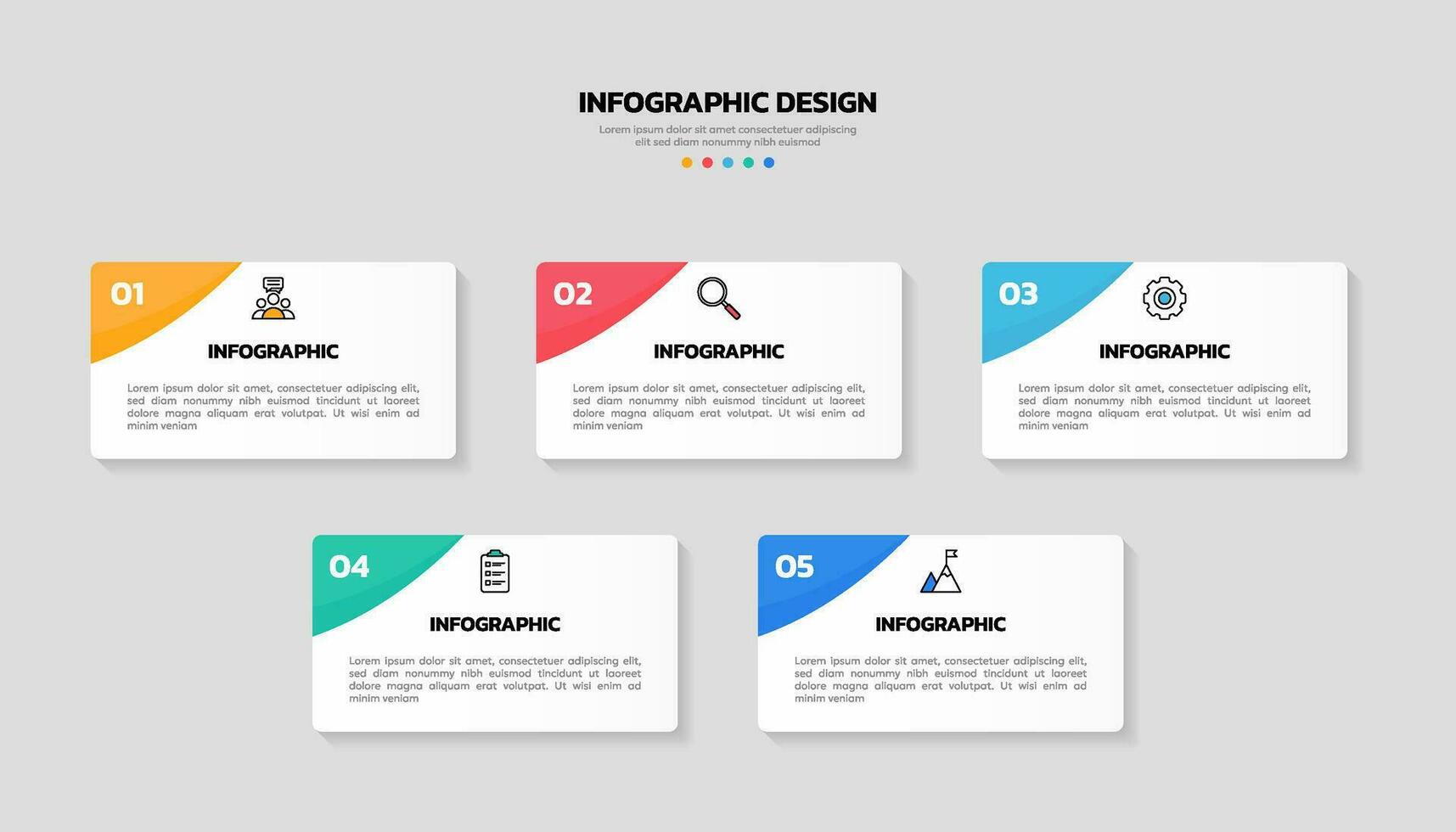 Modern business infographic template, square shape with 5 options or steps icons. vector