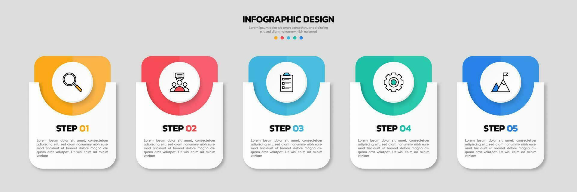Modern business infographic template, square shape with 5 options or steps icons. vector