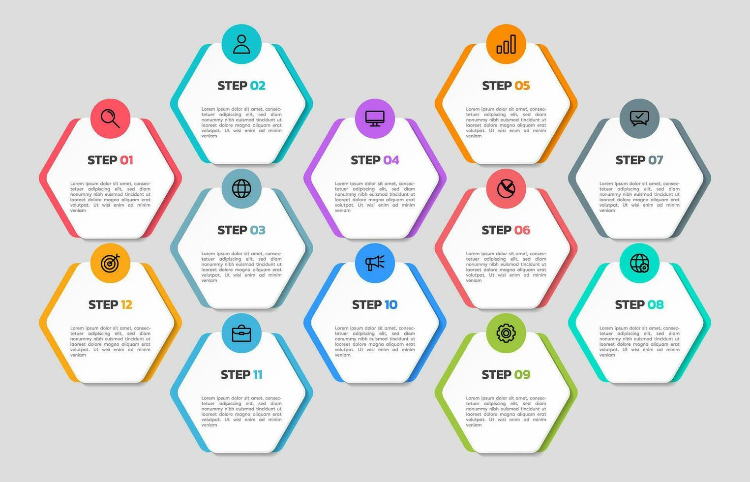 Modern business infographic template, hexagon shape with 12 options or steps icons. vector