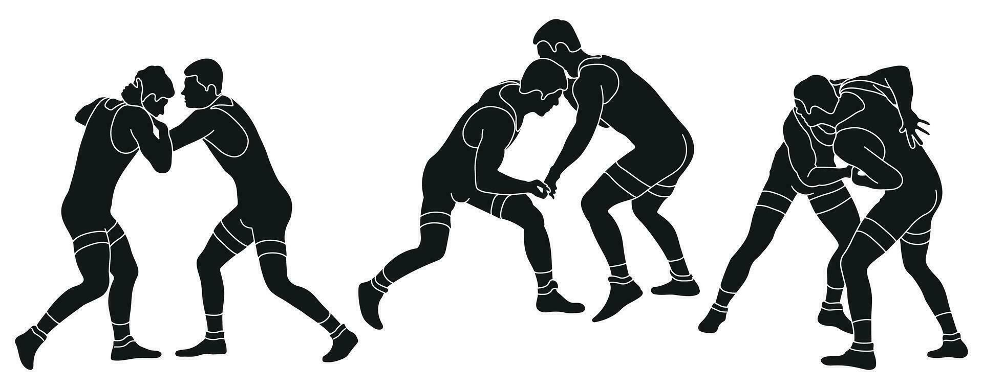 Line sketch of silhouettes athletes wrestler in wrestling, fighting. Greco Roman wrestling, fight, combating, struggle, grappling, duel, mixed martial art, sportsmanship vector