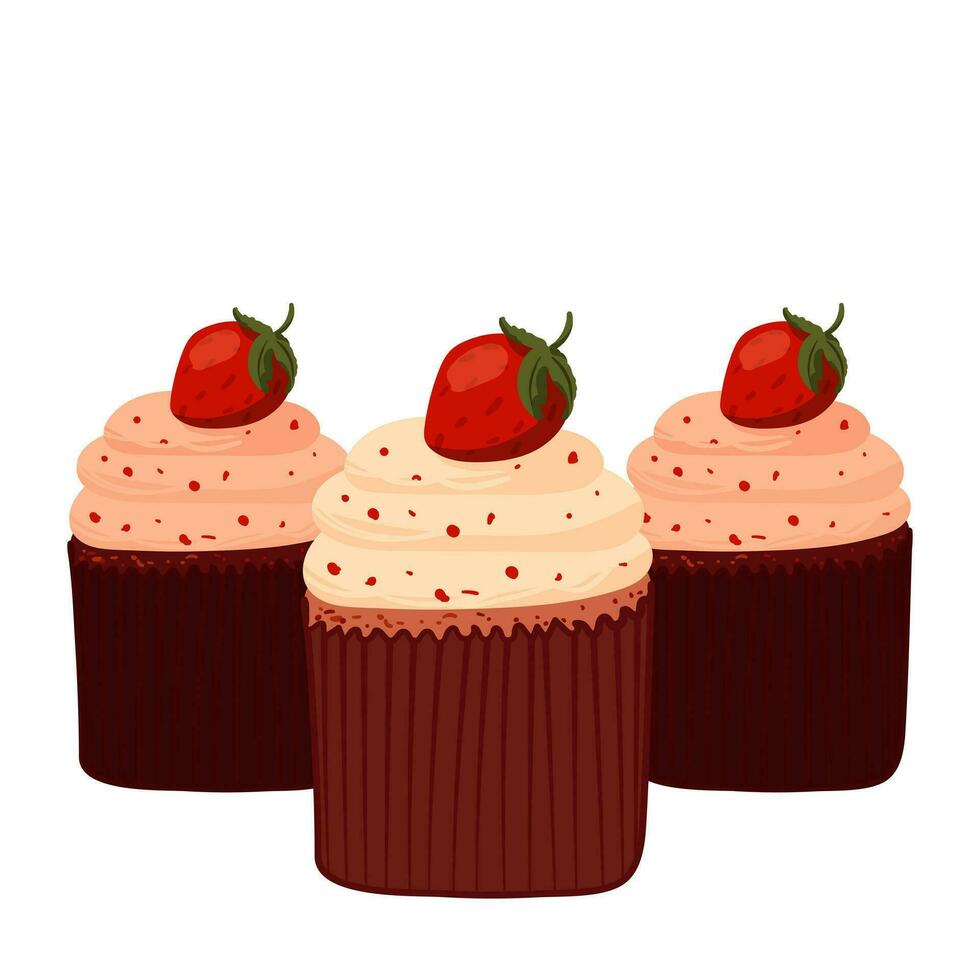 Composition of three cupcakes with strawberries. Food illustration of delicious cupcake for coffee shop, bakery, cafe. Printing on banner, sticker, for website vector