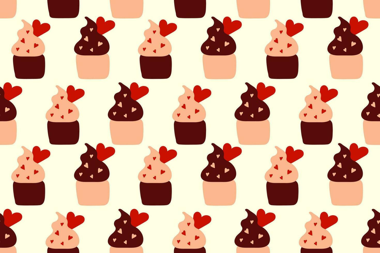 Seamless symmetrical pattern with chocolate cupcakes for Valentine's Day or birthday with cream cap and hearts on white background. Cute pattern with cupcake and hearts vector