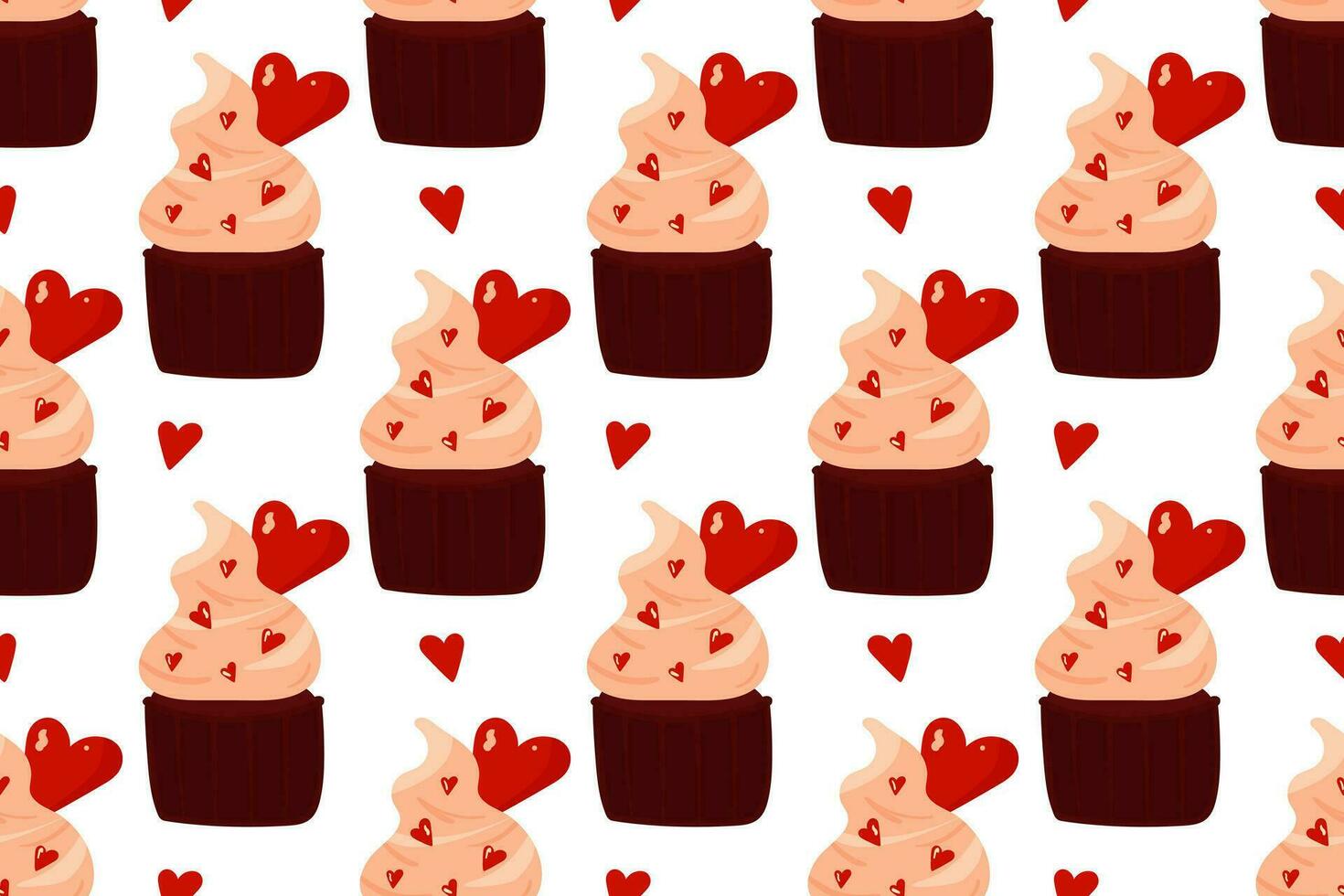 Seamless pattern with chocolate cupcake for Valentine's day with cream cap and hearts on white background. Cute pattern with cupcake and hearts vector