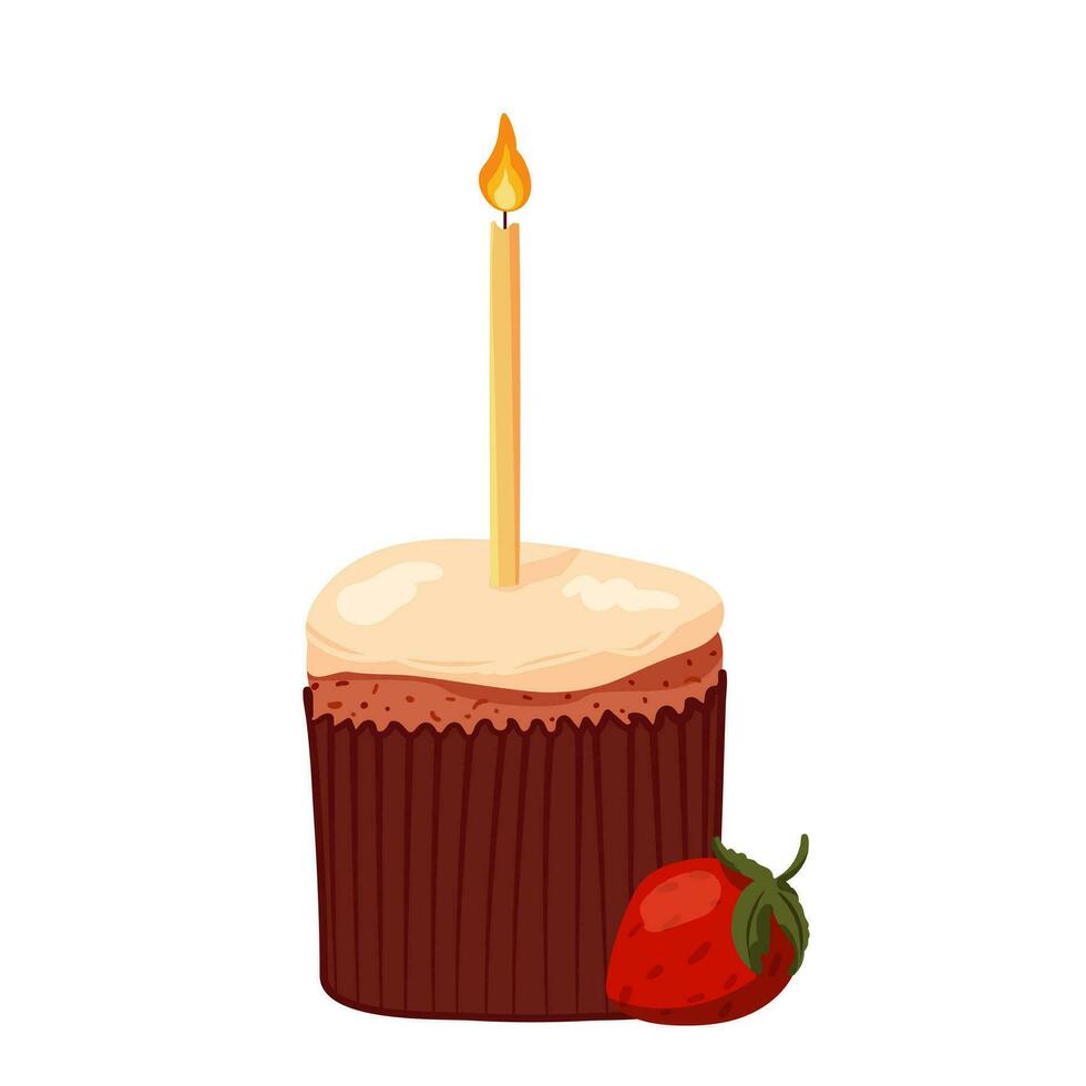 Easter cake with strawberries and burning candle. Food illustration for Easter. Delicious cupcake for coffee shops, bakeries, cafes. Printing on banner, sticker, for website vector