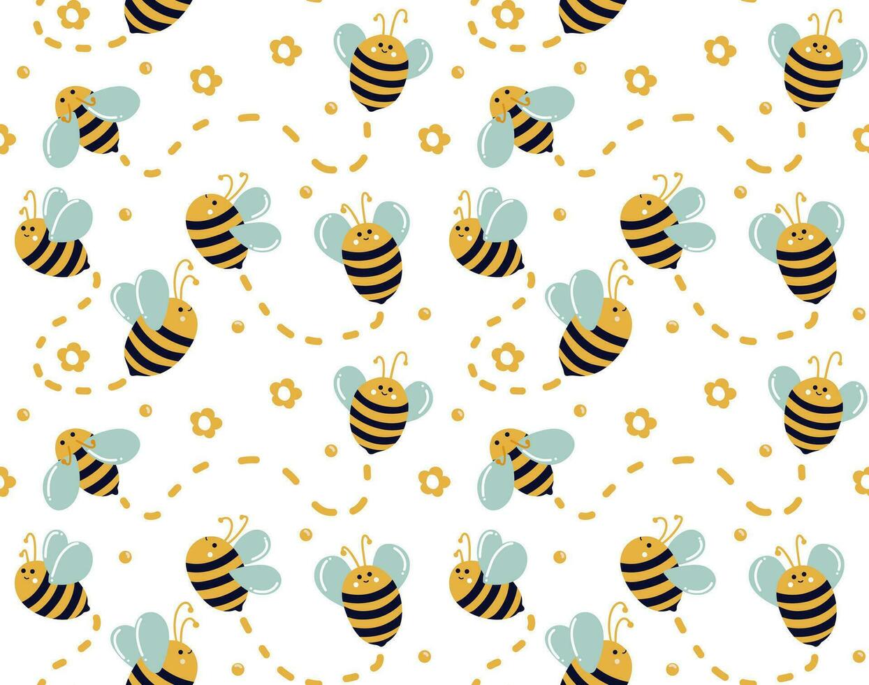 abejas moverse en diferente direcciones en blanco antecedentes con miel gotas, margaritas y líneas de movimienot. linda abejas. sin costura abeja modelo para niños. verano modelo para telas, cama lino, decoración vector