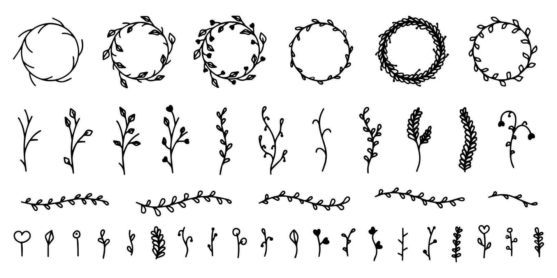 Set of floral elements twigs, leaves, stems, buds, berries. Decorative floral elements round frames and dividing decorative lines. Floral spring and summer elements in the doodle style vector